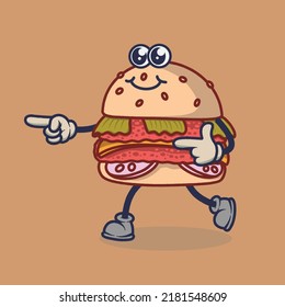 Teary eyes Burger with smiling face expression sticker. Cartoon sticker in comic style with contour. Decoration for greeting cards, posters, patches, prints for clothes, emblems.