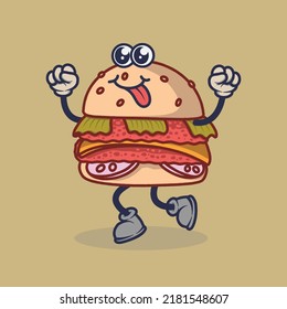 Teary eyes Burger with stuck out tongue expression sticker. Cartoon sticker in comic style with contour. Decoration for greeting cards, posters, patches, prints for clothes, emblems.