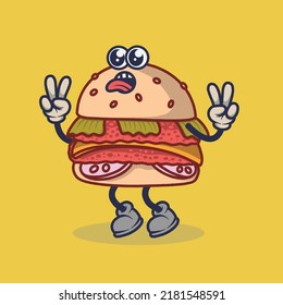 Teary eyes Burger with teasing face expression sticker. Cartoon sticker in comic style with contour. Decoration for greeting cards, posters, patches, prints for clothes, emblems.