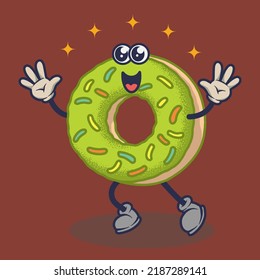 Teary eyes Donuts with happy face expression sticker. Cartoon sticker in comic style with contour. Decoration for greeting cards, posters, patches, prints for clothes, emblems.