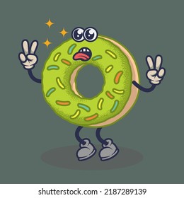 Teary eyes Donuts with stuck out tongue expression sticker. Cartoon sticker in comic style with contour. Decoration for greeting cards, posters, patches, prints for clothes, emblems.