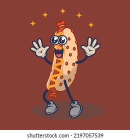 Teary eyes Hotdog with happy face expression sticker. Cartoon sticker in comic style with contour. Decoration for greeting cards, posters, patches, prints for clothes, emblems.