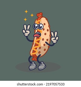 Teary eyes Hotdog with peace stuck out tongue expression sticker. Cartoon sticker in comic style with contour. Decoration for greeting cards, posters, patches, prints for clothes, emblems.