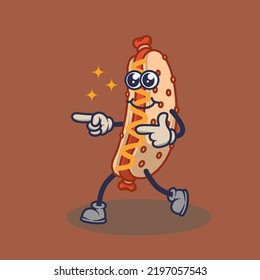 Teary eyes Hotdog with smiling face expression sticker. Cartoon sticker in comic style with contour. Decoration for greeting cards, posters, patches, prints for clothes, emblems.