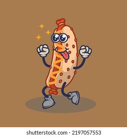 Teary eyes Hotdog with stuck out tongue expression sticker. Cartoon sticker in comic style with contour. Decoration for greeting cards, posters, patches, prints for clothes, emblems.