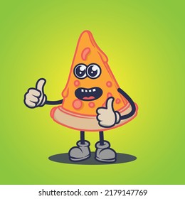 Teary eyes pizza with grinning expression sticker. Cartoon sticker in comic style with contour. Decoration for greeting cards, posters, patches, prints for clothes, emblems.
