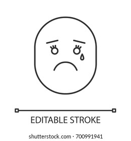 Teary smile linear icon. Thin line illustration. Crying face. Contour symbol. Vector isolated outline drawing. Editable stroke