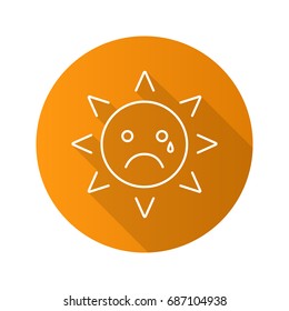 Teary sun smile flat linear long shadow icon. Bad mood. Sad, crying smiley face. Vector outline symbol