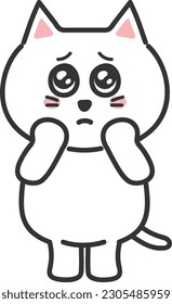 Teary-eyed white cartoon cat being impressed by something, vector illustration.