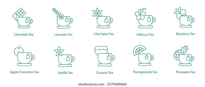 Teas Chocolate, Lavender, Chai Spice, Hibiscus, Blueberry, Apple Cinnamon, Vanilla, Coconut, Pomegranate, Pineapple Icon Set