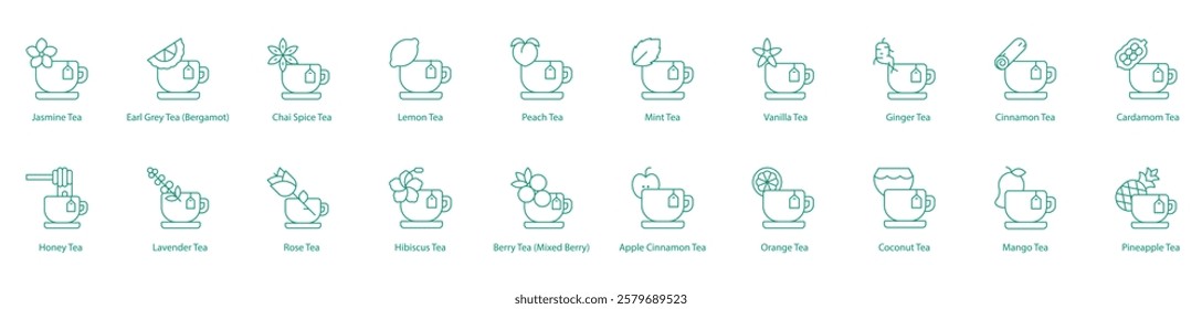 Teas Classic and Fruity Icon Collection: Jasmine, Earl Grey, Chai Spice, Lemon, Peach, Mint, Vanilla, Ginger, Cinnamon, Cardamom, Honey, Lavender, Rose, Hibiscus, Berry, Apple Cinnamon, Orange 