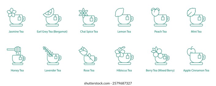Teas Classic and Herbal Icon Collection: Jasmine, Earl Grey, Chai Spice, Lemon, Peach, Mint, Honey, Lavender, Rose, Hibiscus, Berry, Apple Cinnamon