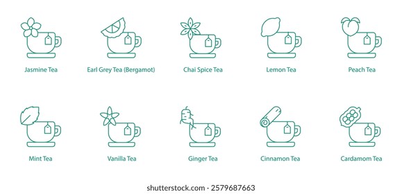 Teas Classic and Spiced Icon Set: Jasmine, Earl Grey, Chai Spice, Lemon, Peach, Mint, Vanilla, Ginger, Cinnamon, Cardamom