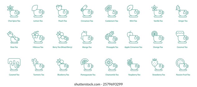 Teas Comprehensive Icon Set: Chai Spice, Lemon, Peach, Cinnamon, Cardamom, Mint, Vanilla, Ginger, Rose, Hibiscus, Mixed Berry, Mango, Pineapple, Apple Cinnamon, Orange, Coconut, Caramel, Turmeric 