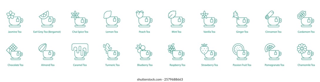 Teas Comprehensive Icon Set: Jasmine, Earl Grey, Chai Spice, Lemon, Peach, Mint, Vanilla, Ginger, Cinnamon, Cardamom, Chocolate, Almond, Caramel, Turmeric, Blueberry, Raspberry, Strawberry 