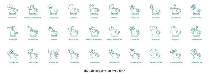 Teas Comprehensive Icon Set: Jasmine, Earl Grey, Chai Spice, Lemon, Peach, Mint, Vanilla, Ginger, Cinnamon, Cardamom, Honey, Lavender, Rose, Hibiscus, Berry, Apple Cinnamon, Orange, Coconut, Mango 