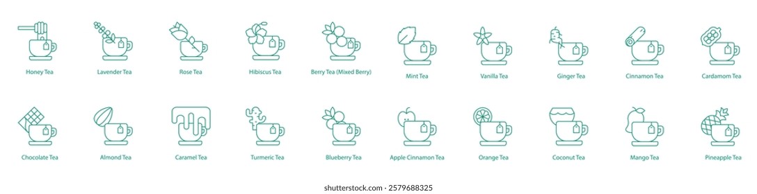 Teas Diverse Icon Set: Honey, Lavender, Rose, Hibiscus, Berry, Ginger, Chocolate, Almond, Caramel, Turmeric, Blueberry, Apple Cinnamon, Orange, Coconut, Mango, Pineapple