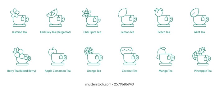 Teas Flavored and Herbal Icon Set: Jasmine, Earl Grey, Chai Spice, Lemon, Peach, Mint, Berry, Apple Cinnamon, Orange, Coconut, Mango, Pineapple