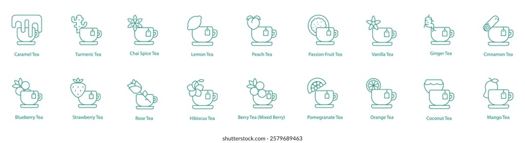 Teas Flavored and Herbal Icon Set: Caramel, Turmeric, Chai Spice, Lemon, Peach, Passion Fruit, Vanilla, Ginger, Cinnamon, Blueberry, Strawberry, Rose, Hibiscus, Berry, Pomegranate, Orange, Coconut 