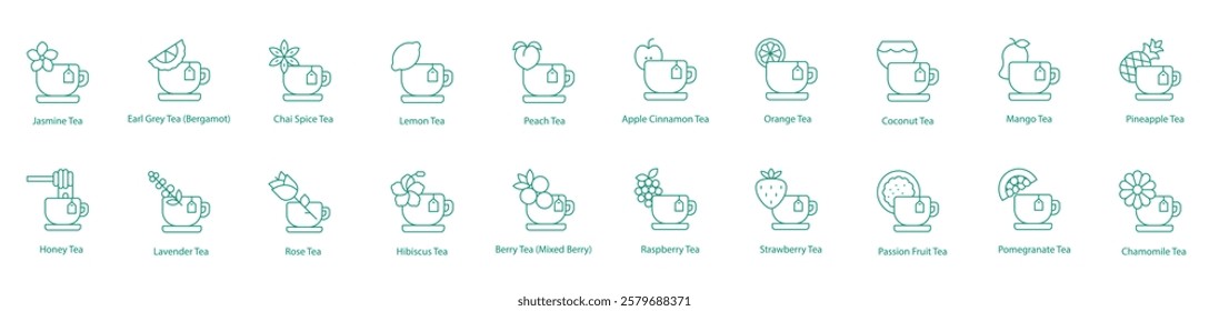 Teas Fruity and Herbal Icon Collection: Jasmine, Earl Grey, Chai Spice, Lemon, Peach, Apple Cinnamon, Orange, Coconut, Mango, Pineapple, Honey, Lavender, Rose, Hibiscus, Berry, Raspberry, Strawberry 