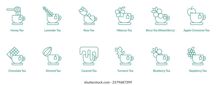 Teas Herbal and Flavored Icon Collection: Honey, Lavender, Rose, Hibiscus, Berry, Apple Cinnamon, Chocolate, Almond, Caramel, Turmeric, Blueberry, Raspberry