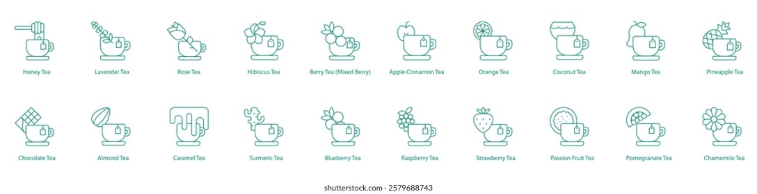 Teas Herbal, Spiced, and Sweet Icon Collection: Honey, Lavender, Rose, Hibiscus, Berry, Apple Cinnamon, Orange, Coconut, Mango, Pineapple, Chocolate, Almond, Caramel, Turmeric, Blueberry, Raspberry 