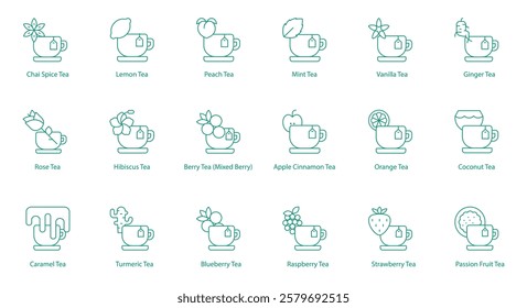 Teas Icon Set: Chai Spice, Lemon, Peach, Mint, Vanilla, Ginger, Rose, Hibiscus, Mixed Berry, Apple Cinnamon, Orange, Coconut, Caramel, Turmeric, Blueberry, Raspberry, Strawberry, Passion Fruit