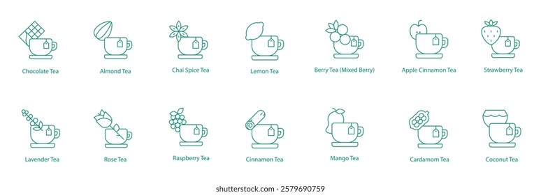 Teas Icon Set: Chocolate, Almond, Chai Spice, Lemon, Mixed Berry, Apple Cinnamon, Strawberry, Lavender, Rose, Raspberry, Cinnamon, Mango, Cardamom, Coconut