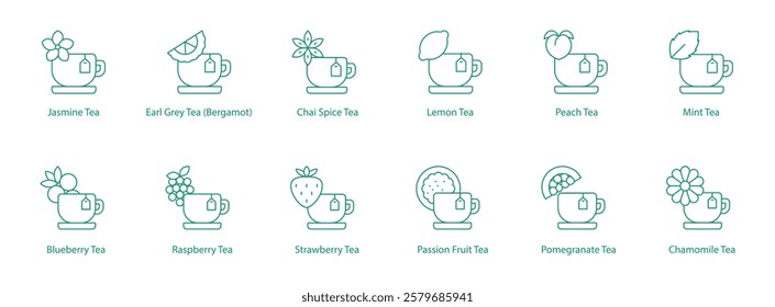 Teas Icon Set Featuring Jasmine, Earl Grey, Chai Spice, Lemon, Peach, Mint, Blueberry, Raspberry, Strawberry, Passion Fruit, Pomegranate, Chamomile