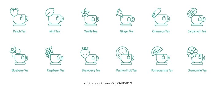 Teas Icon Set Featuring Peach, Blueberry, Mint, Raspberry, Vanilla, Strawberry, Ginger, Passion Fruit, Cinnamon, Pomegranate, Cardamom, Chamomile