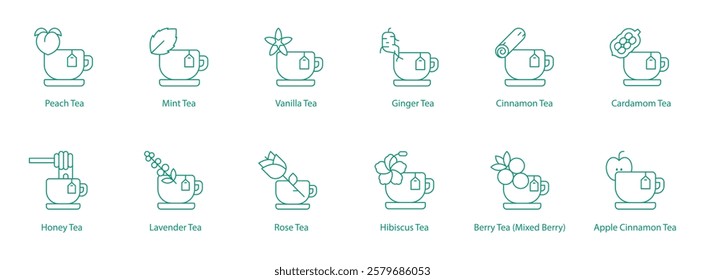 Teas Icon Set Featuring Peach, Mint, Vanilla, Ginger, Cinnamon, Cardamom, Honey, Lavender, Rose, Hibiscus, Berry, Apple Cinnamon