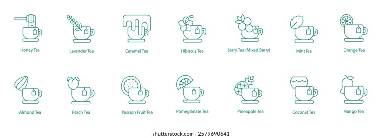 Teas Icon Set: Honey, Lavender, Caramel, Hibiscus, Mixed Berry, Mint, Orange, Almond, Peach, Passion Fruit, Pomegranate, Pineapple, Coconut, Mango