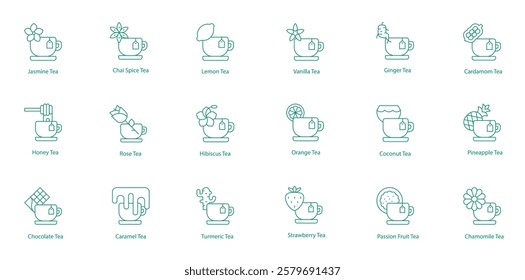 Teas Icon Set: Jasmine, Chai Spice, Lemon, Honey, Rose, Hibiscus, Chocolate, Caramel, Turmeric, Vanilla, Orange, Strawberry, Ginger, Coconut, Passion Fruit, Cardamom, Pineapple, Chamomile