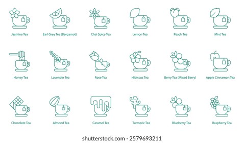 Teas Icon Set: Jasmine, Earl Grey, Chai Spice, Ginger, Cinnamon, Cardamom, Honey, Lavender, Rose, Apple Cinnamon, Mango, Pineapple, Chocolate, Almond, Caramel, Passion Fruit, Pomegranate, Chamomile