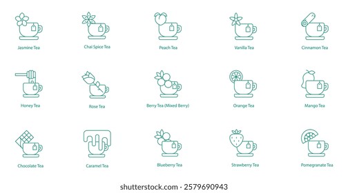 Teas Icon Set: Jasmine, Honey, Chocolate, Chai Spice, Rose, Caramel, Peach, Mixed Berry, Blueberry, Vanilla, Orange, Strawberry, Cinnamon, Mango, Pomegranate