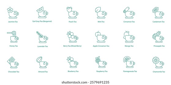 Teas Icon Set: Jasmine, Honey, Chocolate, Earl Grey, Lavender, Almond, Peach, Mixed Berry, Blueberry, Mint, Apple Cinnamon, Raspberry, Cinnamon, Mango, Pomegranate, Cardamom, Pineapple, Chamomile