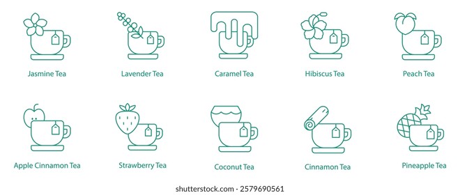 Teas Icon Set: Jasmine, Lavender, Caramel, Hibiscus, Peach, Apple Cinnamon, Strawberry, Coconut, Cinnamon, Pineapple