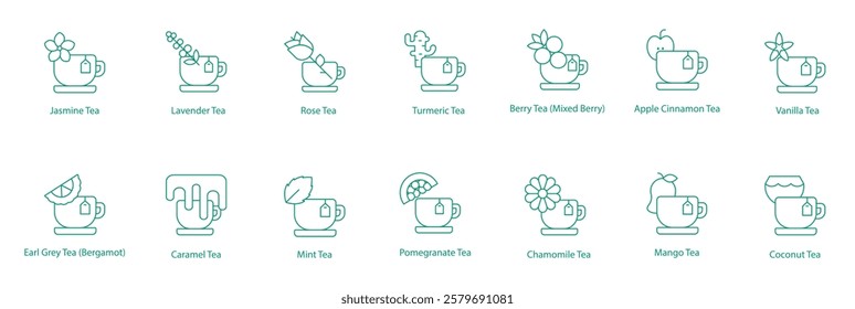 Teas Icon Set: Jasmine, Lavender, Rose, Turmeric, Mixed Berry, Apple Cinnamon, Vanilla, Earl Grey, Caramel, Mint, Pomegranate, Chamomile, Mango, Coconut