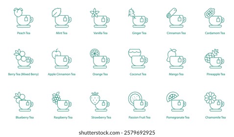 Teas Icon Set: Peach, Mint, Vanilla, Ginger, Cinnamon, Cardamom, Mixed Berry, Apple Cinnamon, Orange, Coconut, Mango, Pineapple, Blueberry, Raspberry, Strawberry, Passion Fruit, Pomegranate, Chamomile