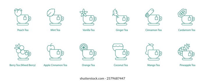 Teas Spiced and Fruity Icon Collection: Peach, Mint, Vanilla, Ginger, Cinnamon, Cardamom, Berry, Apple Cinnamon, Orange, Coconut, Mango, Pineapple