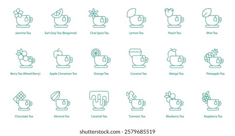 Teas Variety Icon Set Including Jasmine, Earl Grey, Chai Spice, Lemon, Peach, Mint, Berry, Apple Cinnamon, Orange, Coconut, Mango, Pineapple, Chocolate, Almond, Caramel, Turmeric, Blueberry, Raspberry