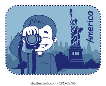 Teaser with photographer travels through America. Man on background of statue of Liberty in New York