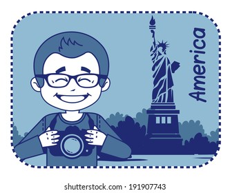 Teaser with photographer travels through America. Man on background of statue of Liberty in New York