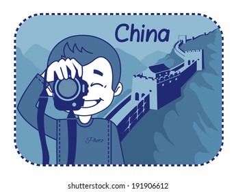 Teaser with photographer travels through China. Man on background of Great Wall of China