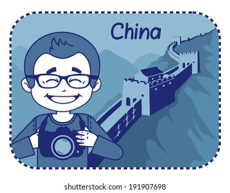 Teaser with photographer travels through China. Man on background of Great Wall of China