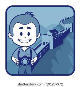 Teaser with photographer travels through China. Man on background of Great Wall of China
