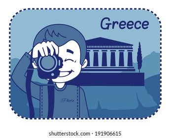 Teaser with photographer travels through Greece. Man on background of acropolis of Athens