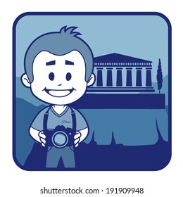Teaser with photographer travels through Greece. Man on background of acropolis of Athens
