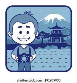 Teaser with photographer travels through Japan. Man on background of pagoda and Mount Fuji