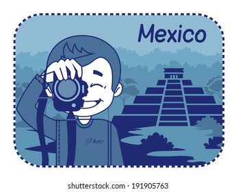 Teaser with photographer travels through Mexico. Man on background of Mayan pyramids